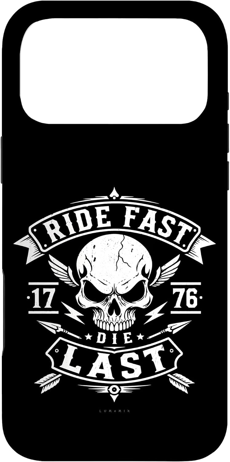 Cover per iPhone 17 Pro Max con grafica “Regalo Motociclista Uomo Teschio Moto Ride Fast Die Last”